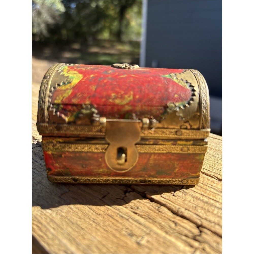 Vintage Miniature Wood Treasure Chest Trinket Box Red Yellow Brass Overlay Trunk